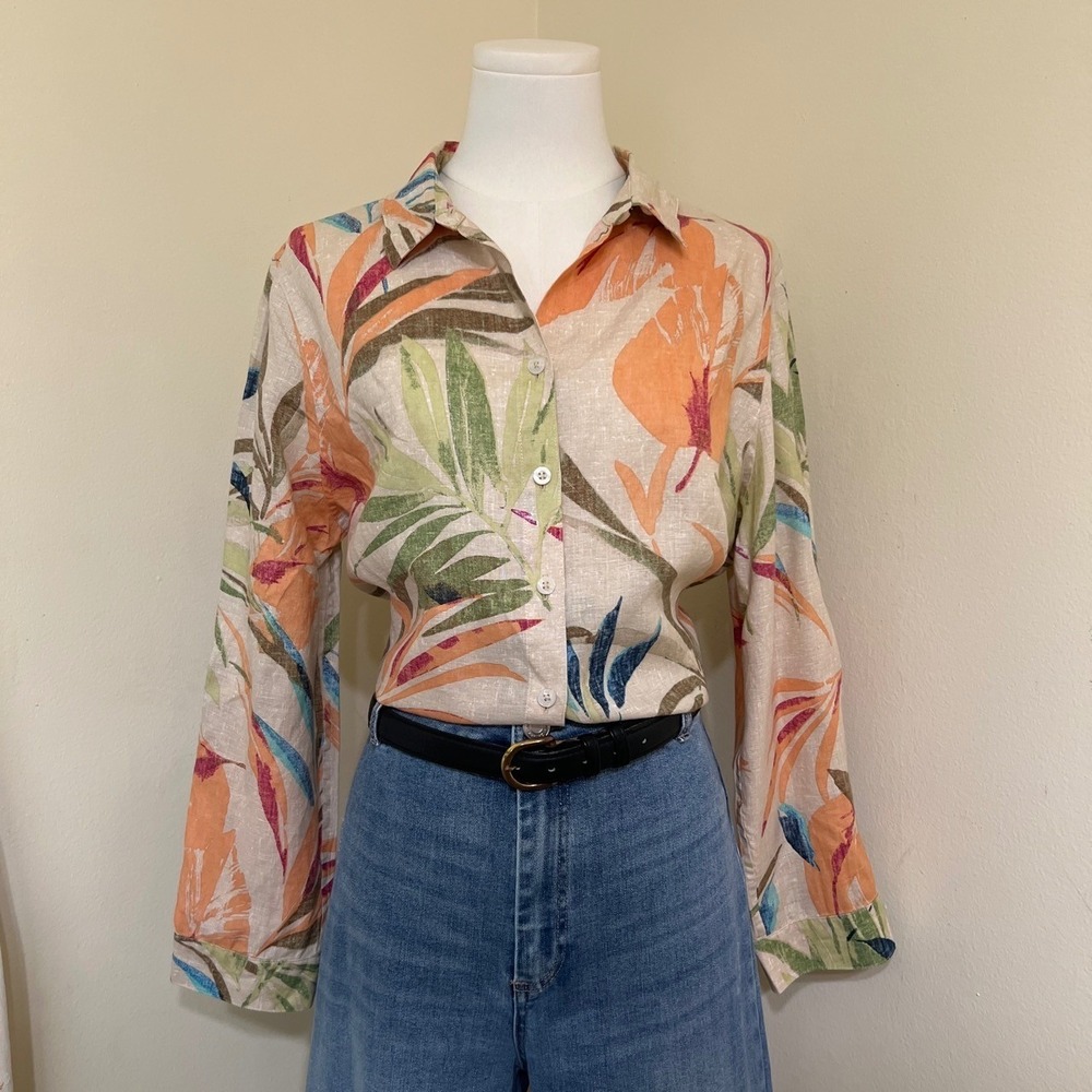 Chicos No Iron 100% Linen Tropical Floral Button Down Shirt Orange Green Size 2P